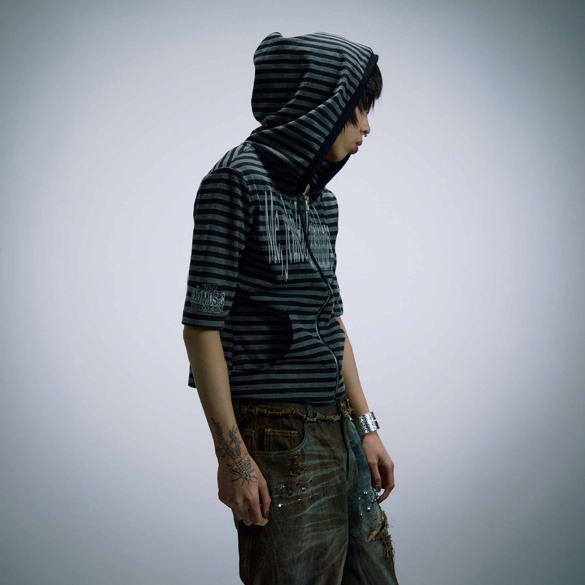 PAIKI Stripe Slogan Hooded Short-Sleeve Jacket-T Shirt-S-Black-Free Shipping Leatheretro