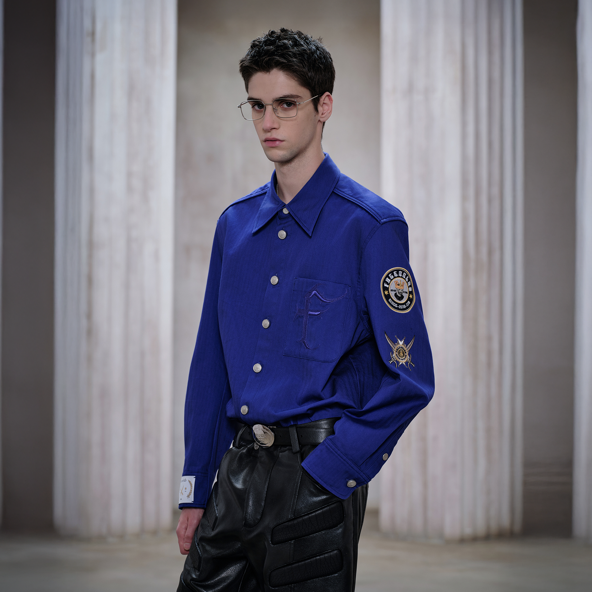 FACEONLAB Mental-Button Embroidered Badge-Patch Shirt Blue-Shirt-M-Free Shipping Leatheretro