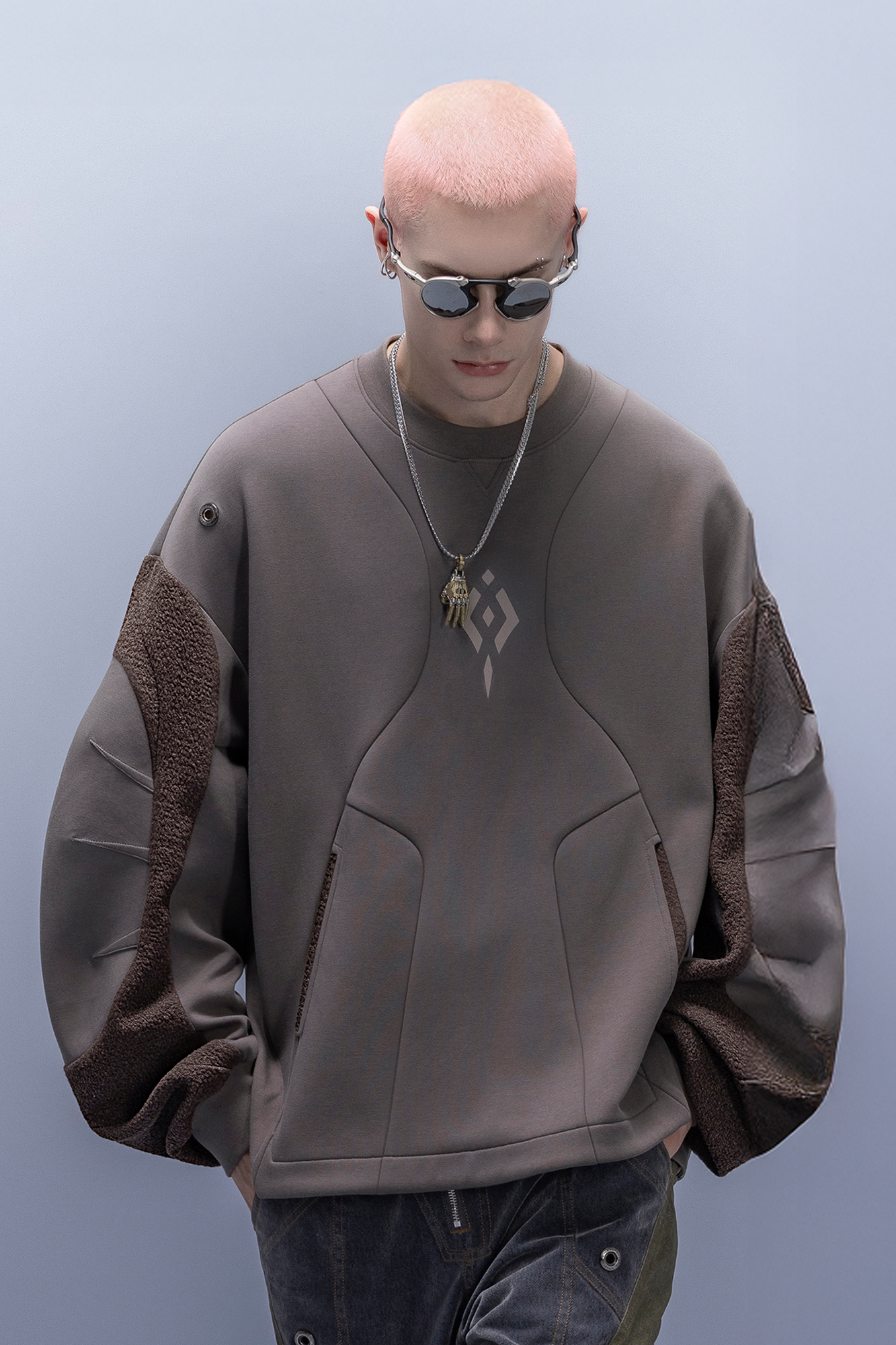 XIPHEVIL Utility Paneled Crewneck Sweatshirt Coffee-Sweatshirt-XS-Free Shipping Leatheretro