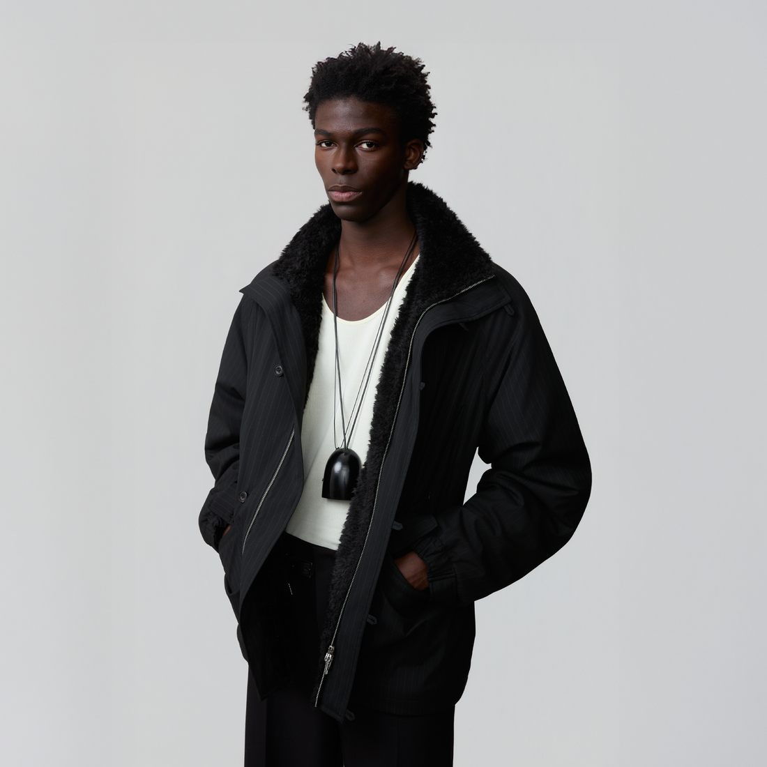 OPICLOTH Pinstriped Faux Fur-Lined Drawstring Jacket