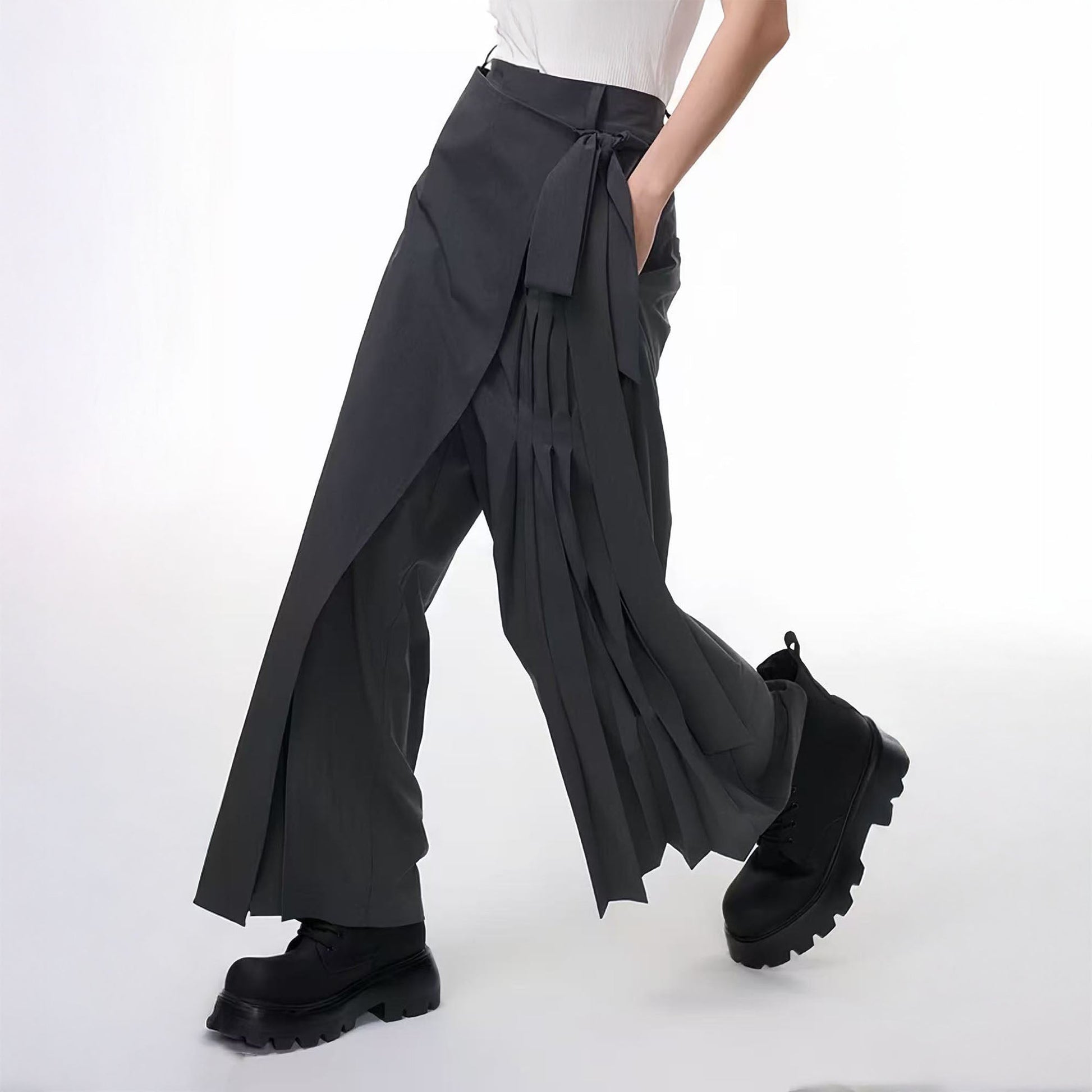 TUIMU Asymmetrical Wrap Pleated Wide-Leg Trousers-Pants-S-Black-Free Shipping Leatheretro