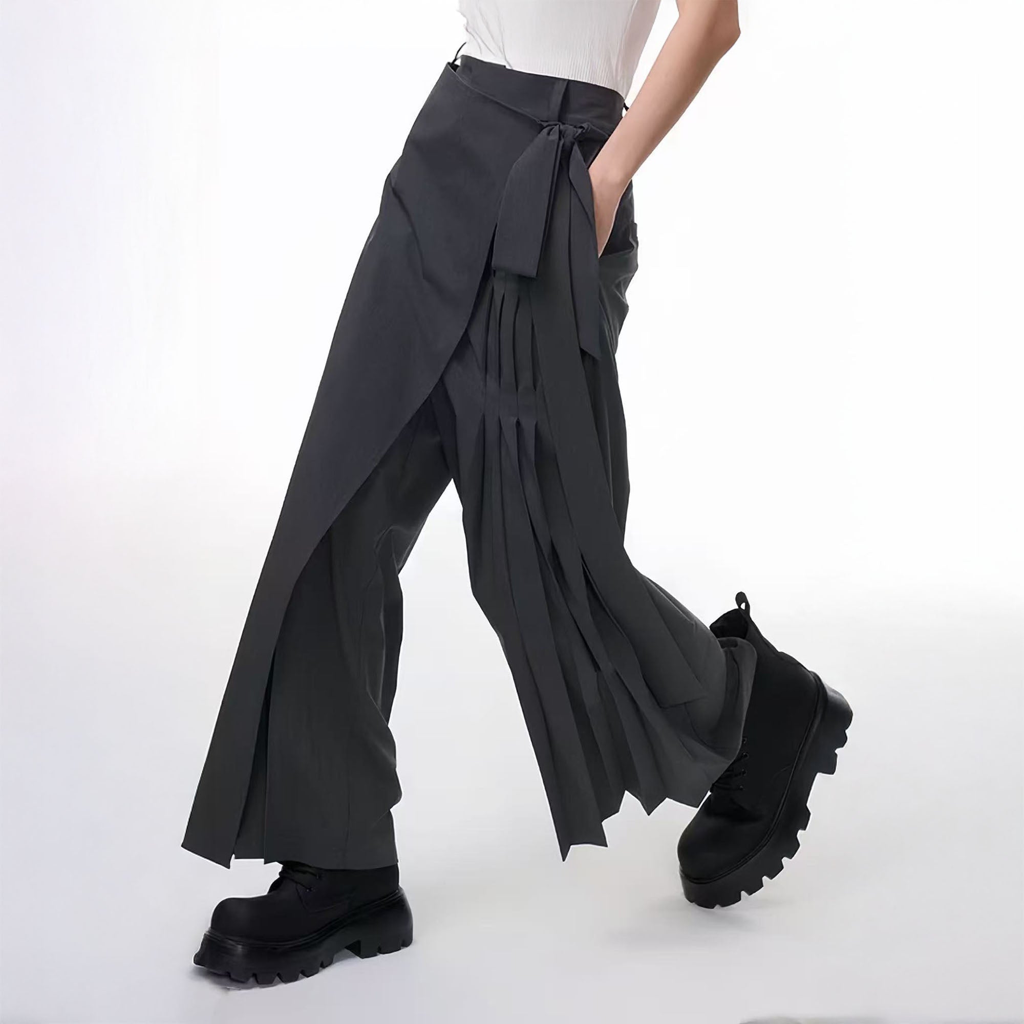 TUIMU Asymmetrical Wrap Pleated Wide-Leg Trousers-Pants-S-Black-Free Shipping Leatheretro