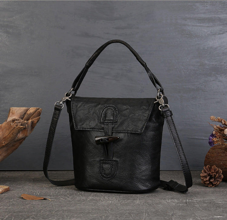 Vintage Bucket Bag – Full-Grain Leather Mix-and-Match Crossbody Tote Bags-crossbody bags-Black-Free Shipping Leatheretro