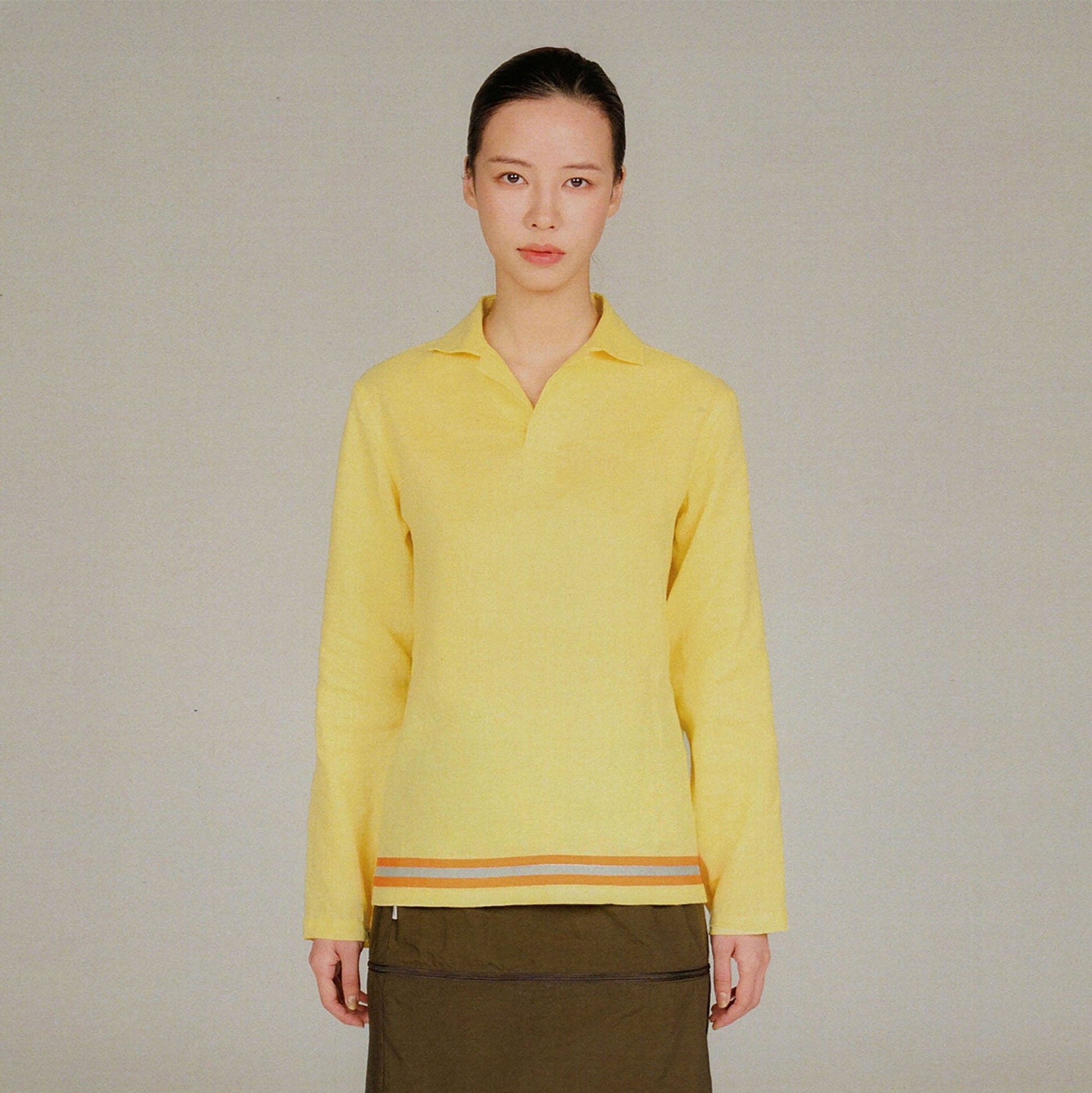URBAN+FOREST Linen Reflective Trim Long-Sleeve Polo-L/S Tee-XS-Yellow-Free Shipping Leatheretro