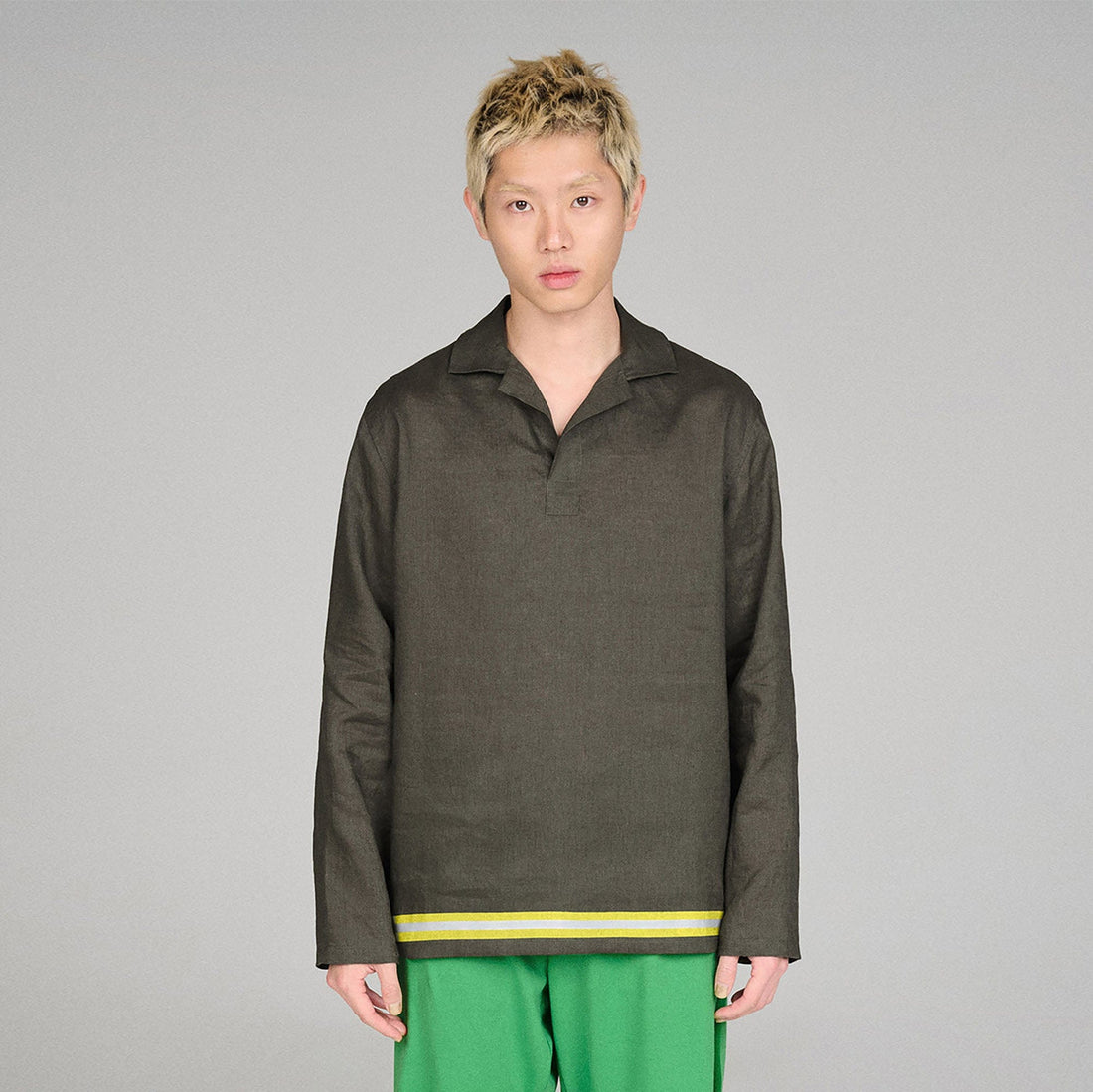 URBAN+FOREST Linen Reflective Trim Long-Sleeve Polo-L/S Tee-XS-Brown-Free Shipping Leatheretro