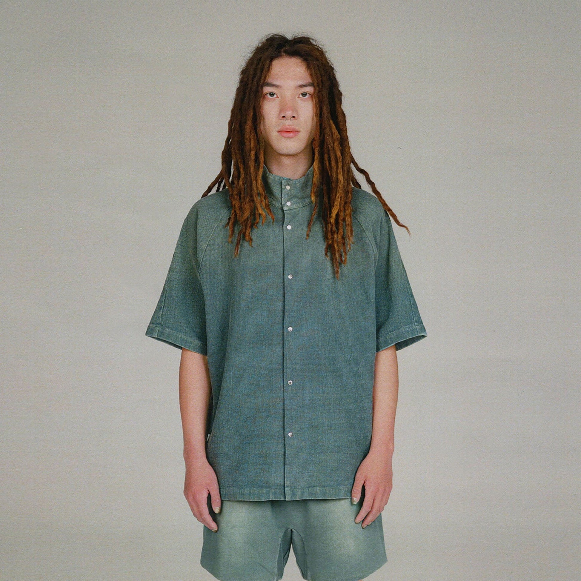 URBAN+FOREST Washed Waffle Stand Collar Half Shirt-Half shirt-XS-Blue-Free Shipping Leatheretro