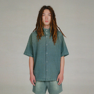 URBAN+FOREST Washed Waffle Stand Collar Half Shirt-Half shirt-XS-Blue-Free Shipping Leatheretro