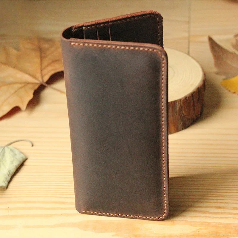 Handmade Vintage Crazy Horse Genuine Leather Wallet - Men Stylish Clutch Bag Purse-Wallets & Money Clips-Black without button-Free Shipping Leatheretro