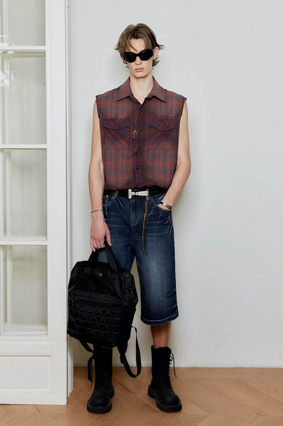 KREATE Distressed Plaid Vest-T Shirt-S-Blue-Free Shipping Leatheretro