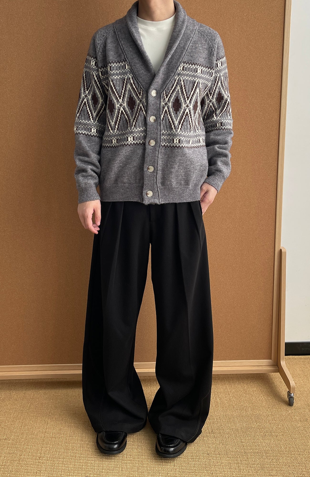 OKAYTHXBYE Fair Isle Shawl Collar Cardigan-Jacket-S (Preorder)-Beige-Free Shipping Leatheretro