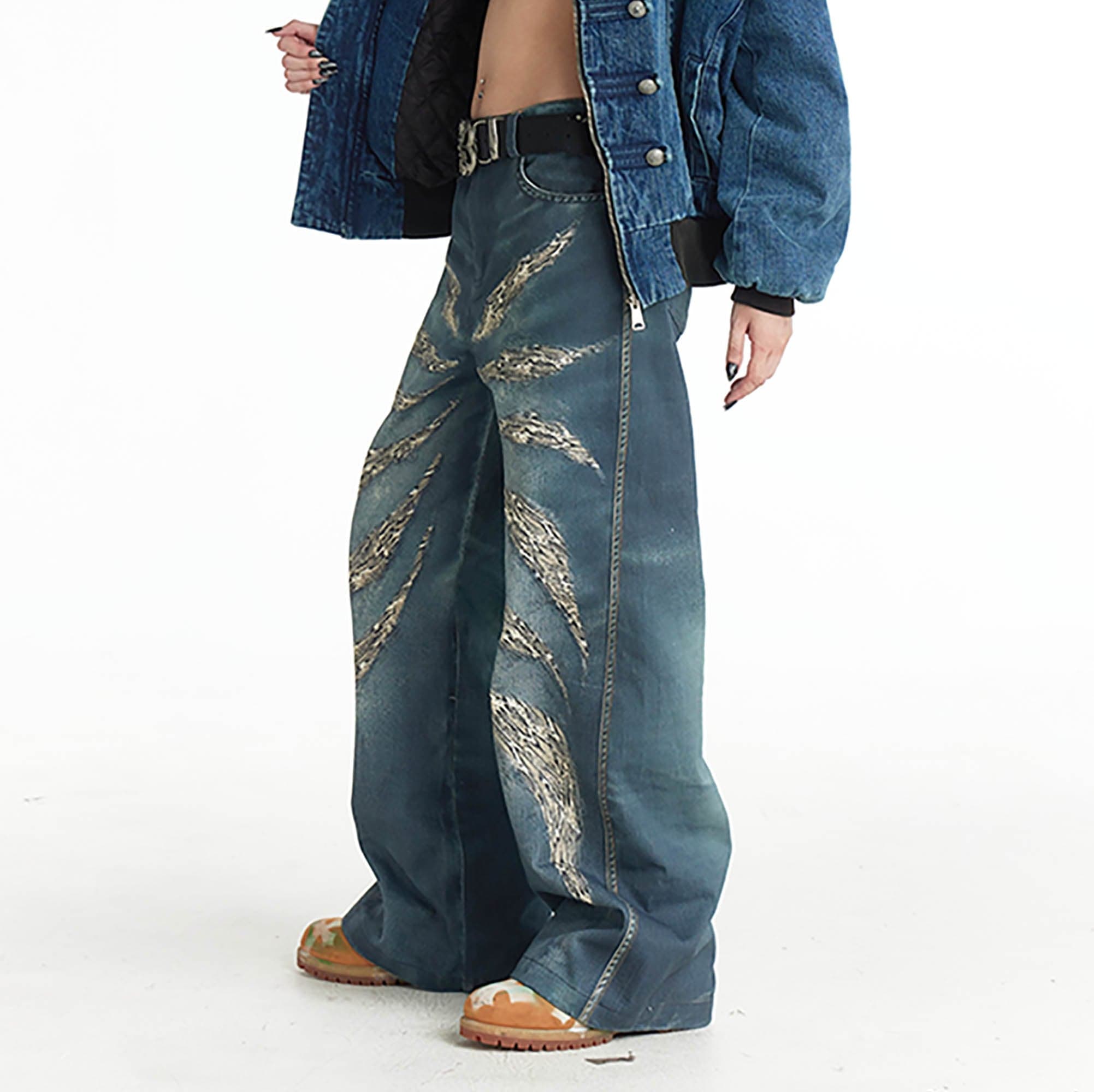 DND4DES×Faychui Leopard Wings Embroidered Wide-Leg Jeans-Jeans-S-Free Shipping Leatheretro