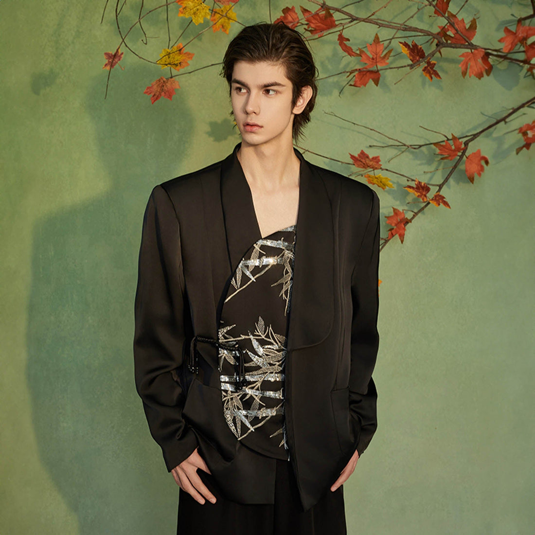 JIECHI Silver Bamboo Embroidery Asymmetrical Placket Blazer-Jacket-M-Free Shipping Leatheretro