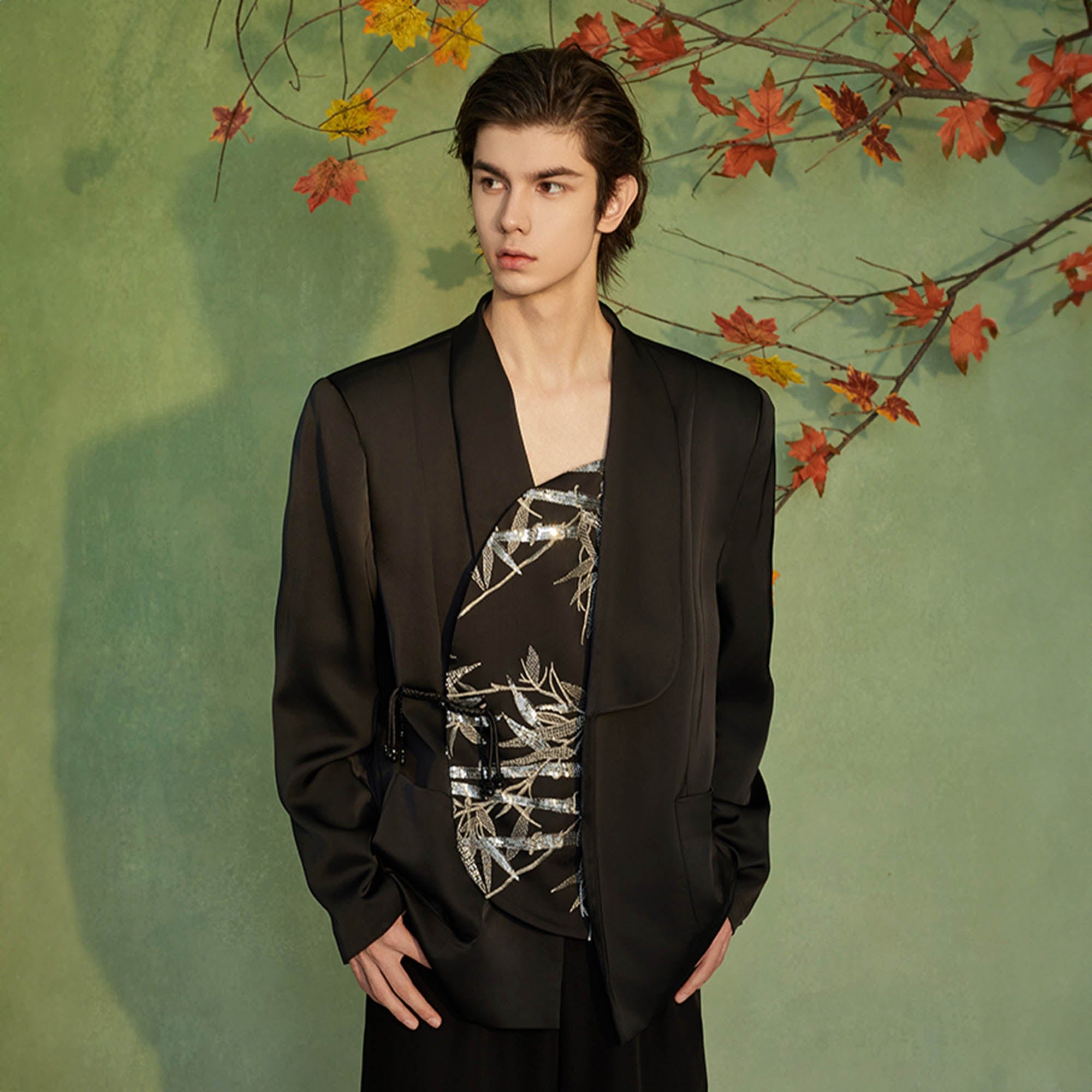 JIECHI Silver Bamboo Embroidery Asymmetrical Placket Blazer-Jacket-M-Free Shipping Leatheretro