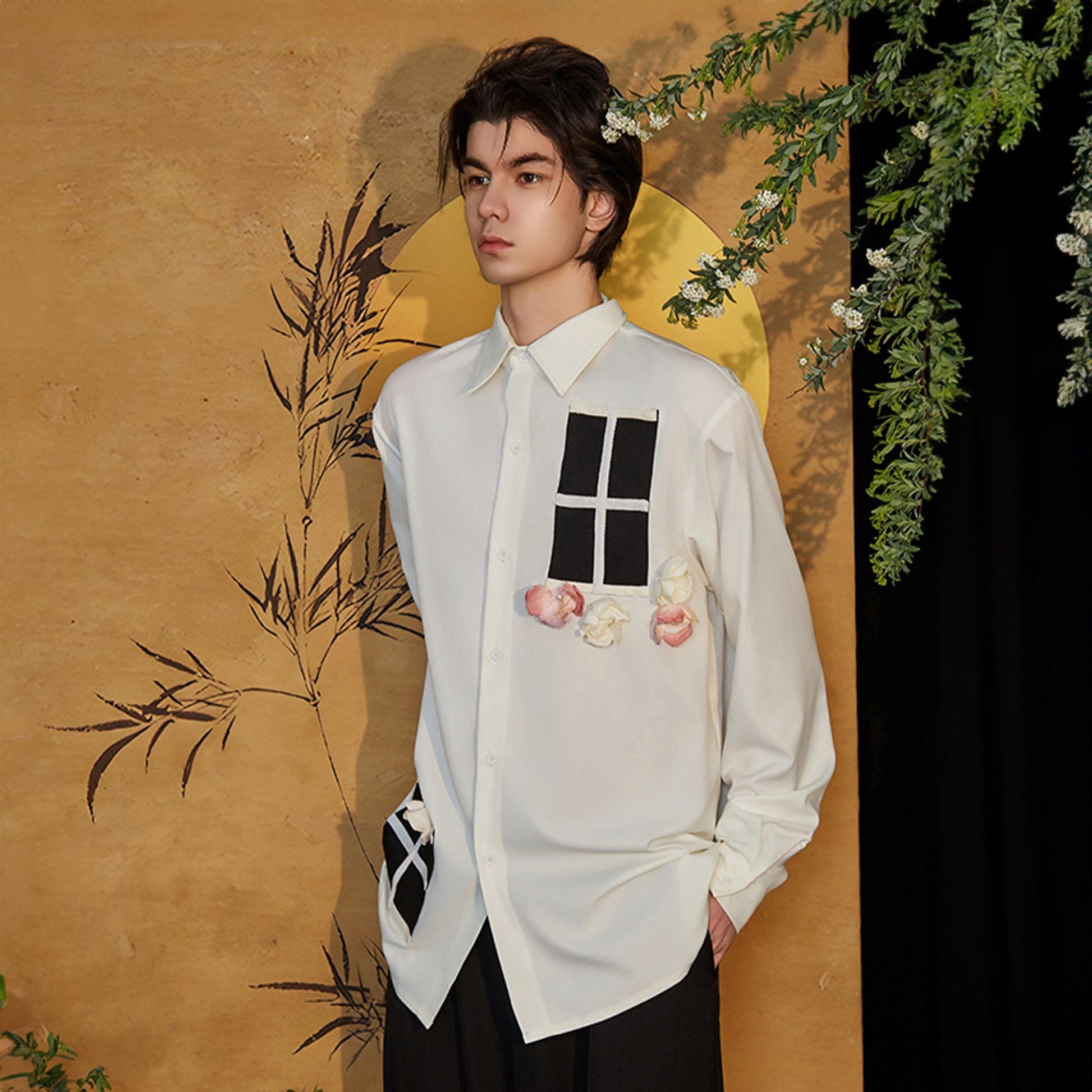 JIECHI Contrast Panel Floral Satin Shirt-Shirt-M-Free Shipping Leatheretro