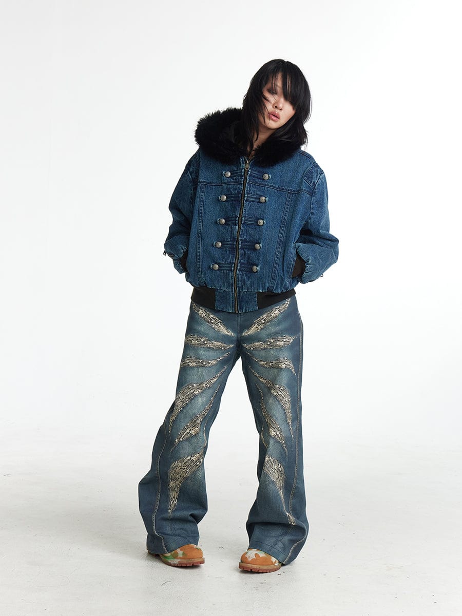 DND4DES×Faychui Leopard Wings Embroidered Wide-Leg Jeans-Jeans-S-Free Shipping Leatheretro