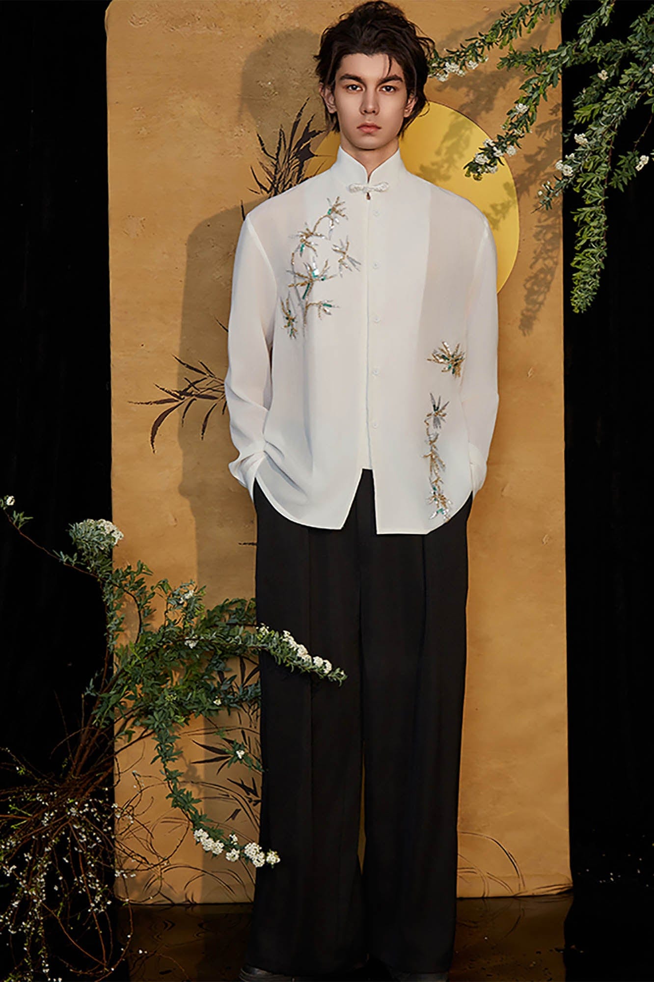 JIECHI Embroidered Bamboo Sheer Flowing Shirt-Shirt-M-Free Shipping Leatheretro