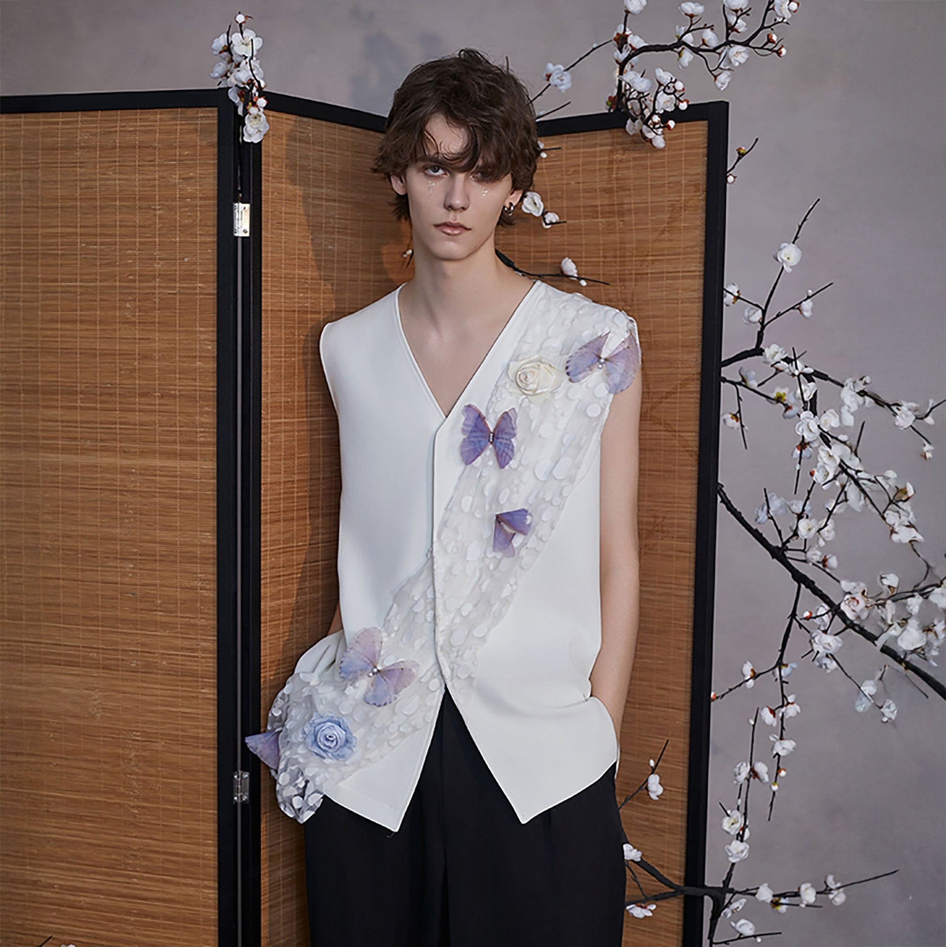 JIECHI Butterfly&Floral Asymmetrical Sheer V-Neck Vest-Vest-M-Free Shipping Leatheretro