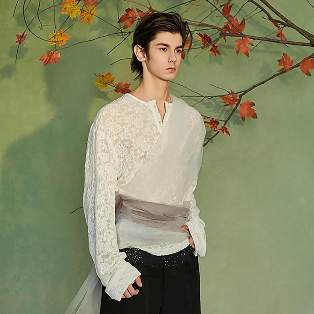 JIECHI Layered Sheer Wrap Lace Henley Shirt-L/S Tee-M-Free Shipping Leatheretro