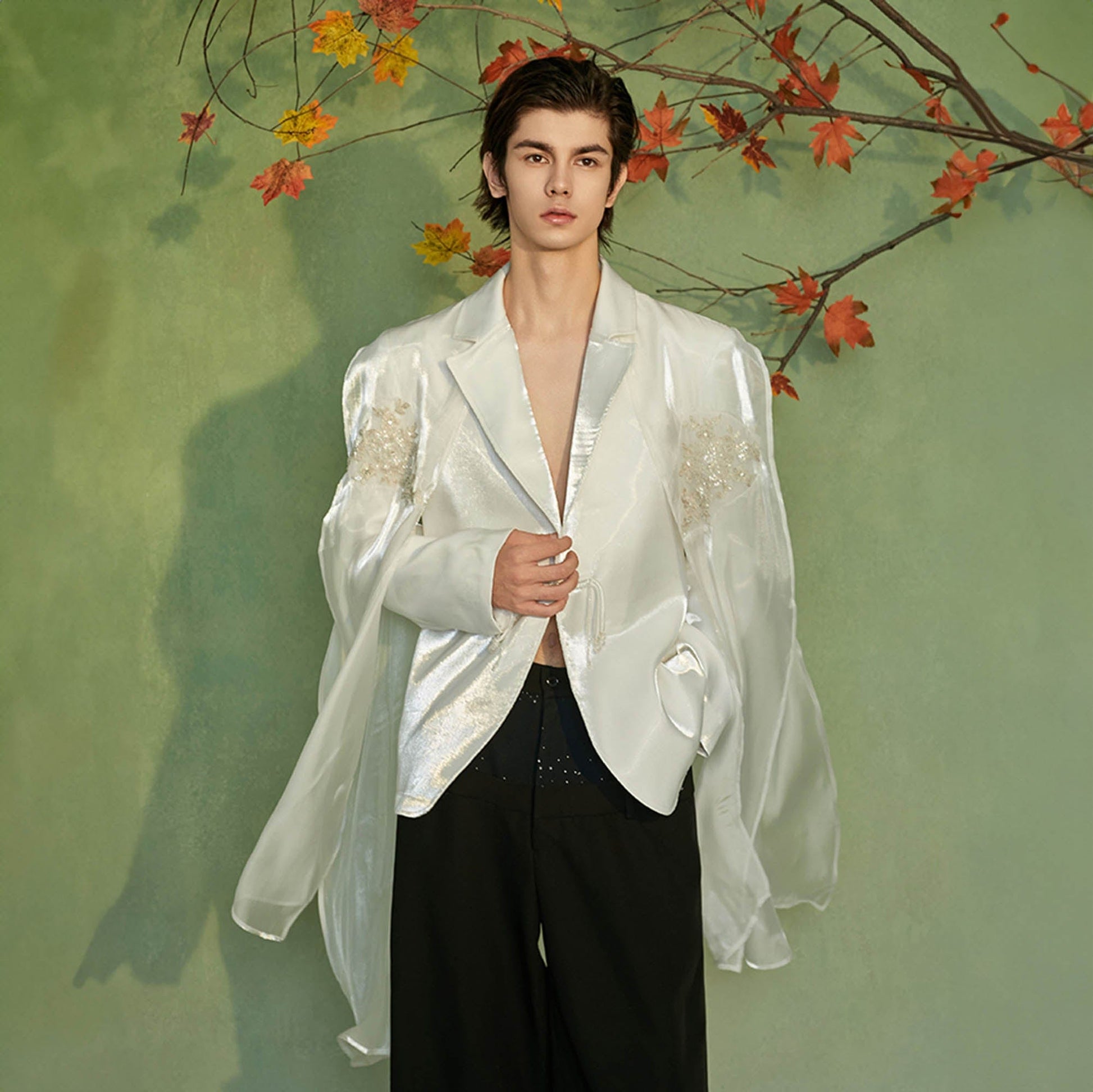 JIECHI Floral Embellished Cape Satin Blazer-Jacket-M-Free Shipping Leatheretro