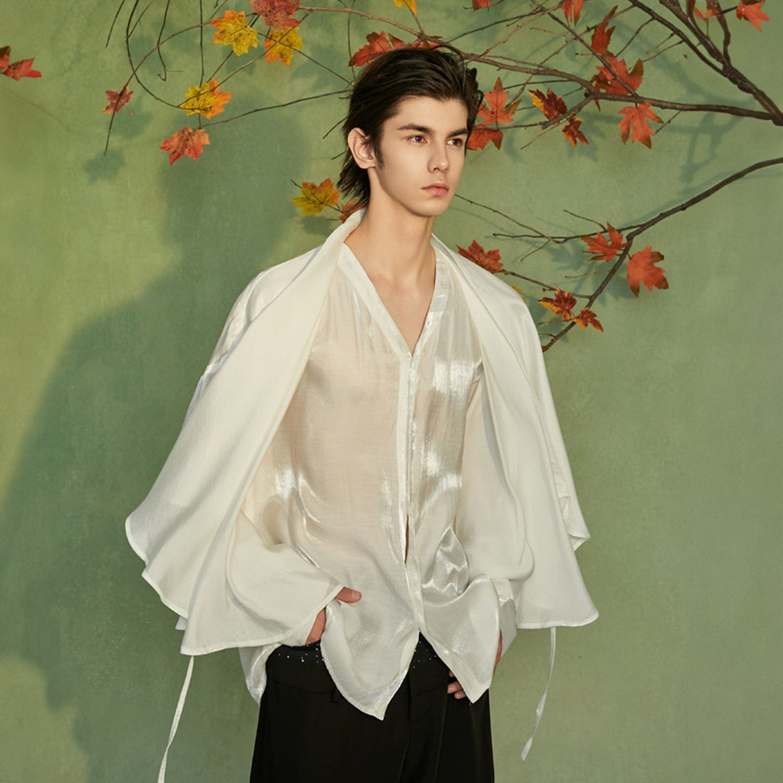 JIECHI Draped Cape Satin Shirt-Shirt-M-Free Shipping Leatheretro