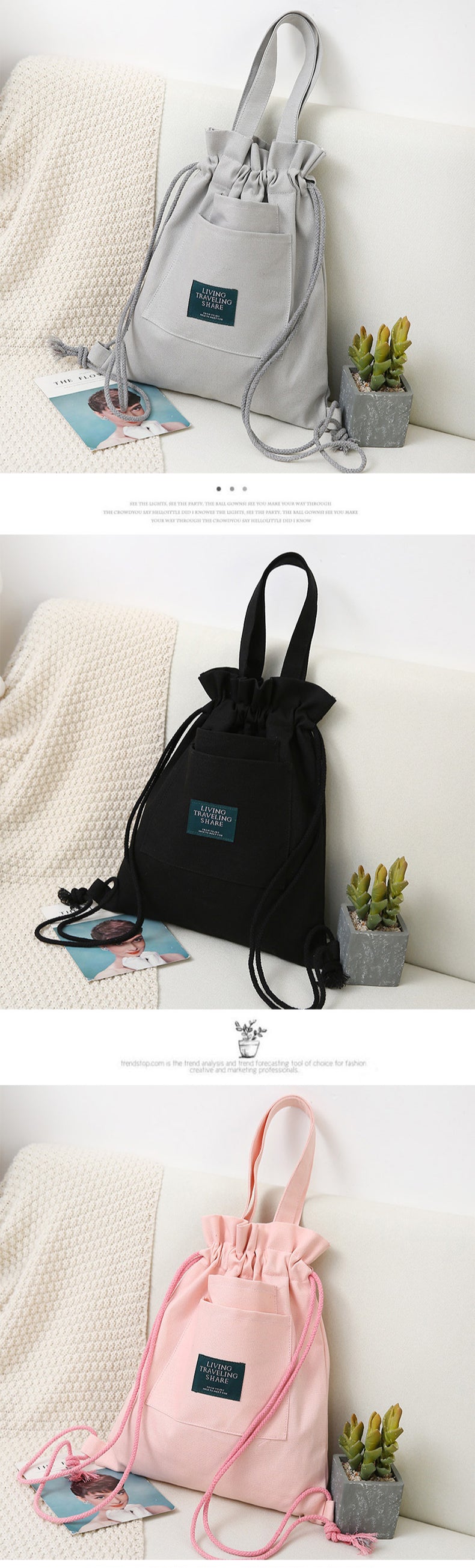 Women's Drawstring Backpack-Canvas Bag-White-Free Shipping Leatheretro