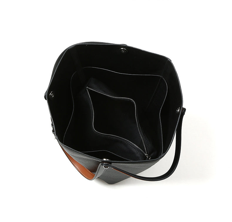 Top-Grain Leather Bucket Bag – Spacious Work Tote & Shoulder Bag for Women-Handbags-Black-17*17*31cm-Free Shipping Leatheretro