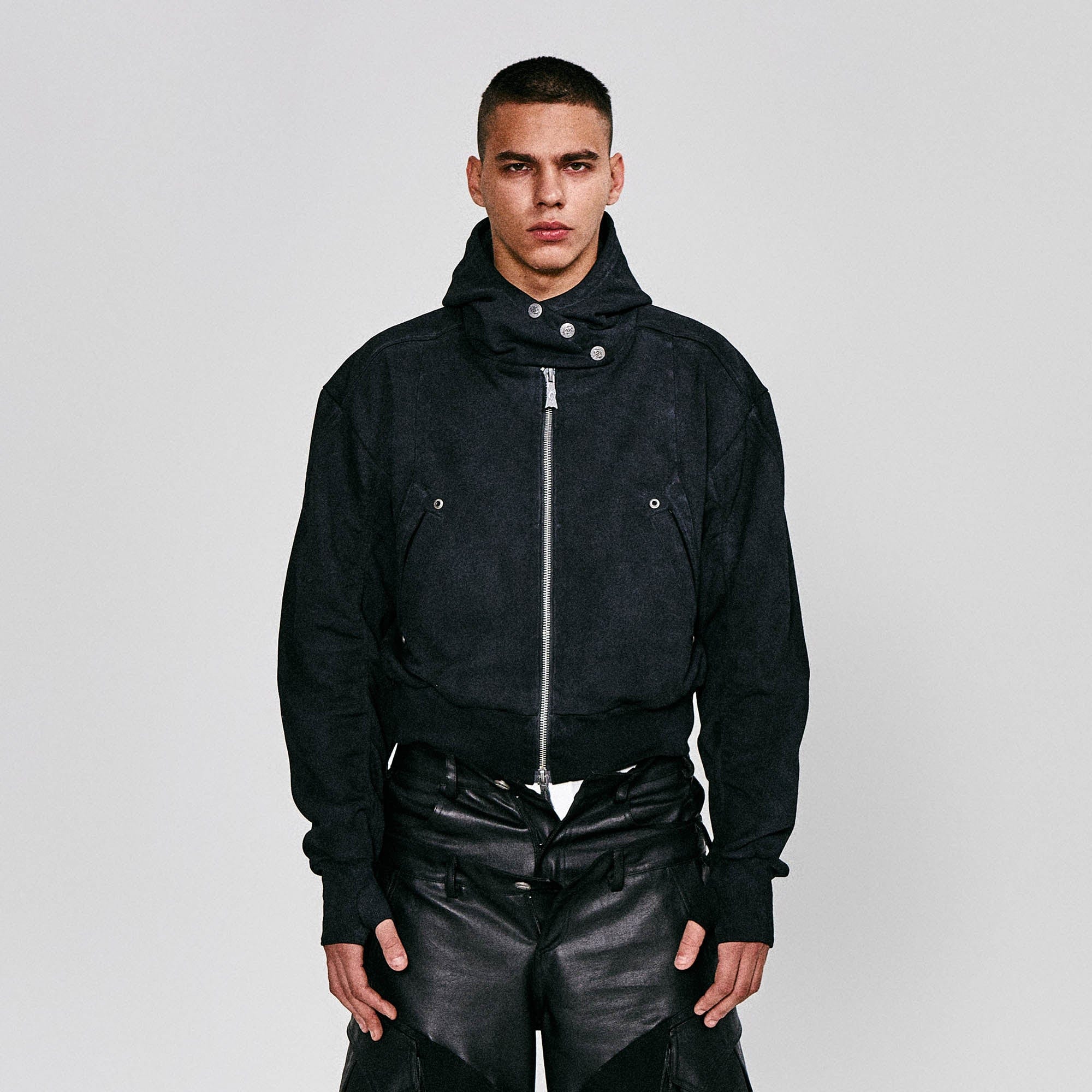 FLYERRER Grommet Spliced Zip-Up Cropped Hoodie-Jacket-S-Free Shipping Leatheretro