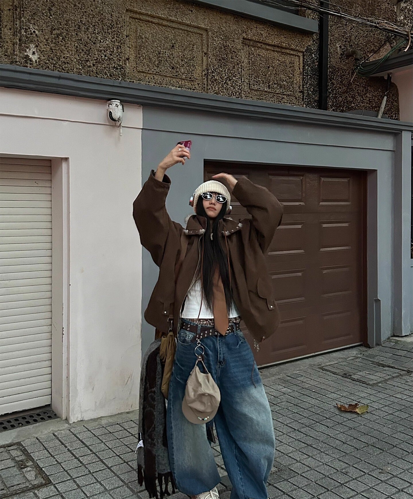 RELABEL Detachable Faux Fur Collar Two-Tone Batwing Sleeve Jacket-Brown-XS-Free Shipping Leatheretro