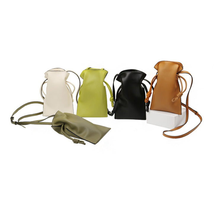 Adjustable Drawstring Bucket Bag Genuine Leather Shoulder Crossbody Tote Bags-Handbags-White-Free Shipping Leatheretro