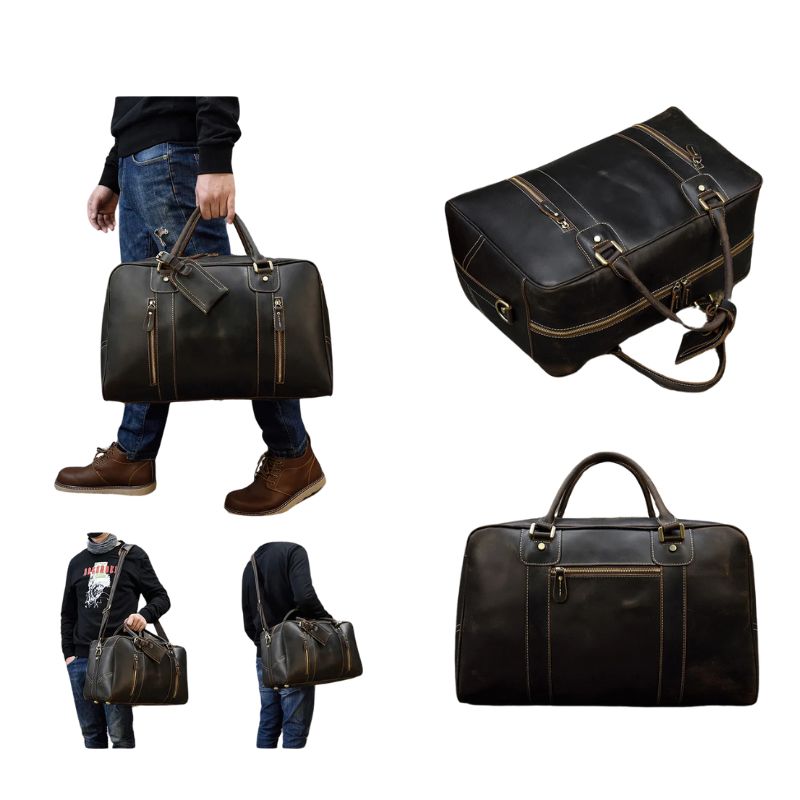 Handcrafted Crazy Horse Leather Travel Duffle-Duffle Bags-Coffee-Free Shipping Leatheretro