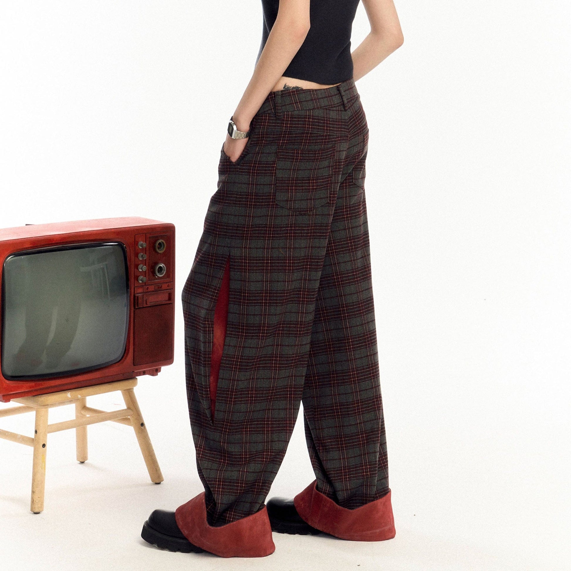 OIPWORD Plaid Fold-Hem Trousers-Pants-S-Free Shipping Leatheretro
