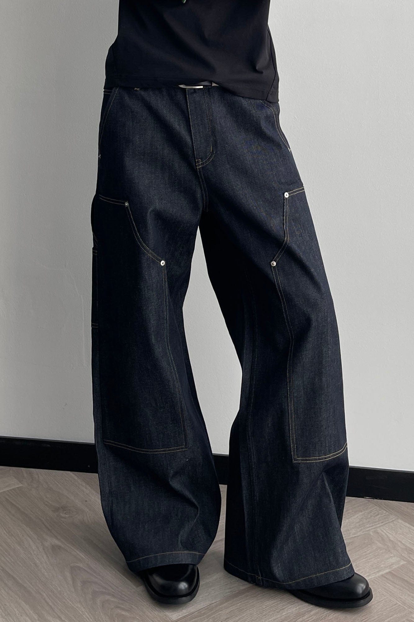 OKAYTHXBYE Paneled Double-Knee Wide-Leg Denim Pants-Jeans-S-Dark Blue-Free Shipping Leatheretro