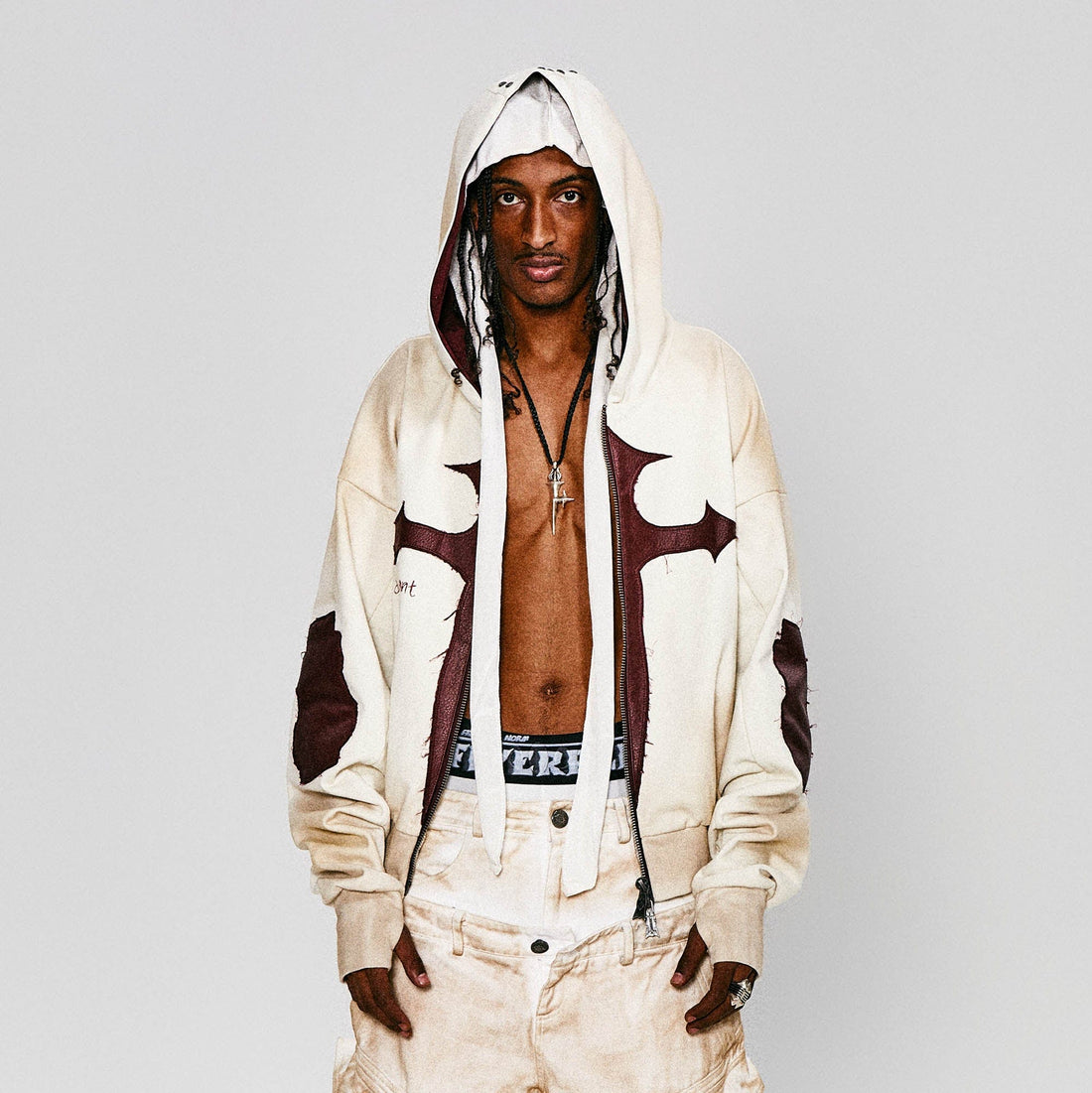 FLYERRER Distressed Cross Patch Studded Hooded Jacket-Jacket-S-Free Shipping Leatheretro