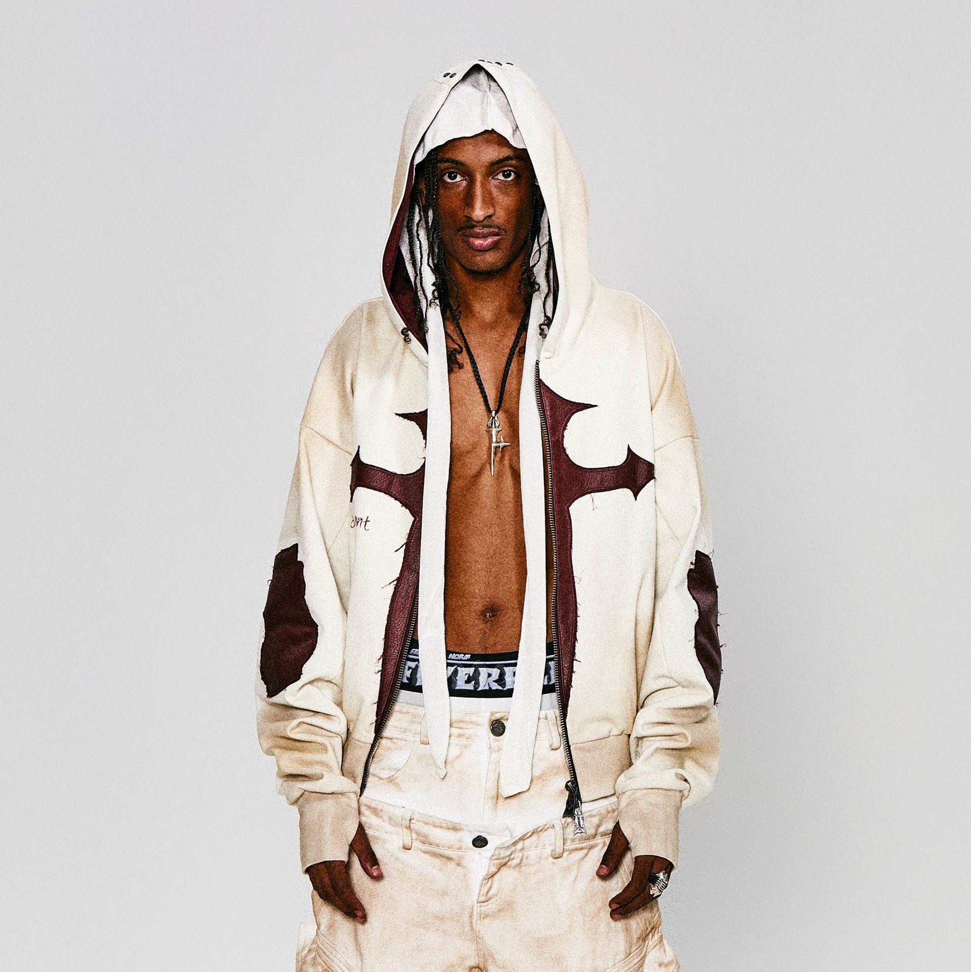 FLYERRER Distressed Cross Patch Studded Hooded Jacket-Jacket-S-Free Shipping Leatheretro