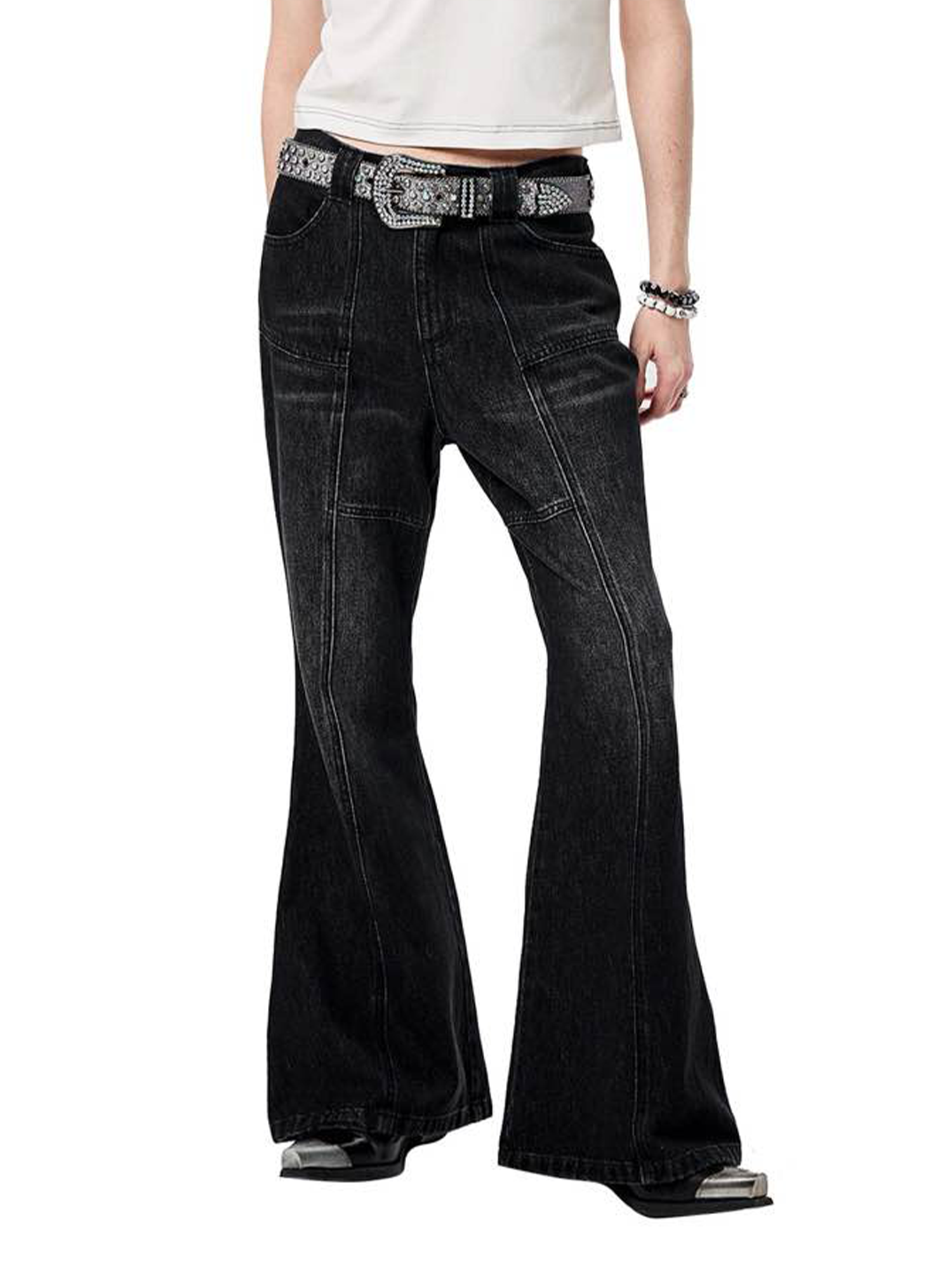 ERISSTOFF Washed Lace-Up Flared Jeans-Jeans-XS / 28"-Free Shipping Leatheretro