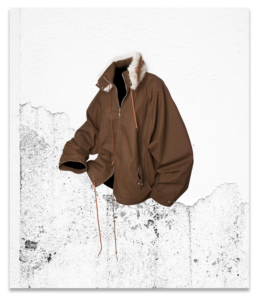 RELABEL Detachable Faux Fur Collar Two-Tone Batwing Sleeve Jacket-Brown-XS-Free Shipping Leatheretro