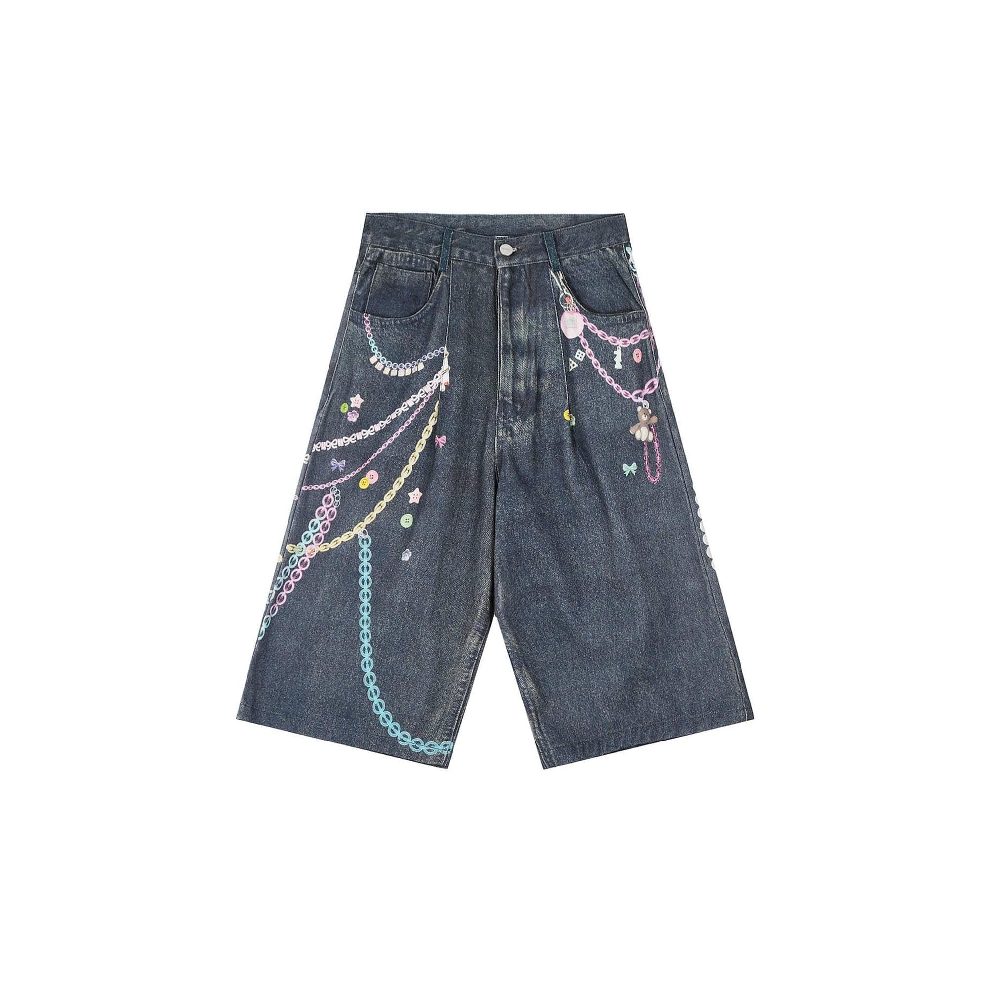 CLP Beaded Chain Graphics Wide-Leg Denim Shorts-Shorts-S-Free Shipping Leatheretro