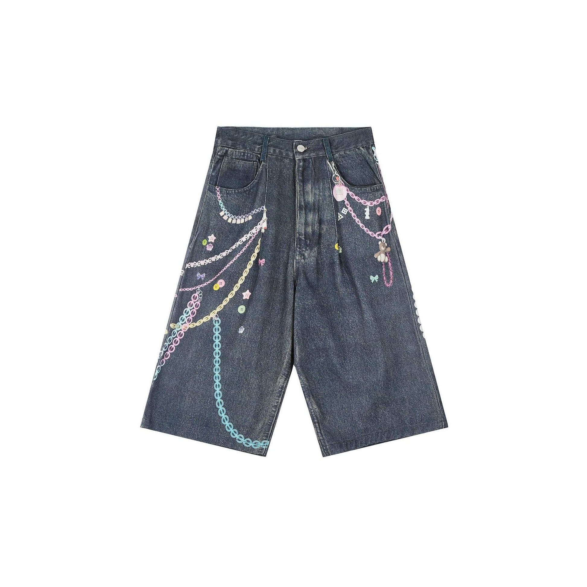 CLP Beaded Chain Graphics Wide-Leg Denim Shorts-Shorts-S-Free Shipping Leatheretro