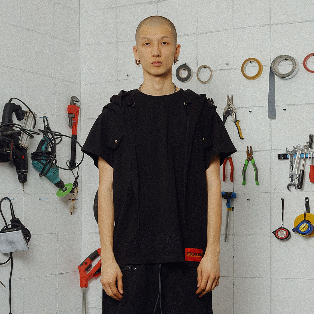 FVVO Distressed Snap-Shoulder Hooded T-Shirt-T Shirt-S-Black-Free Shipping Leatheretro