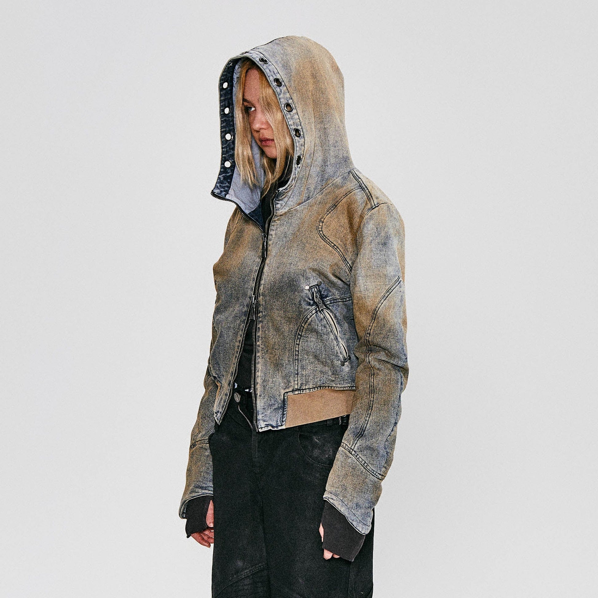 FLYERRER Distressed Spliced Studded Hooded Short Denim Jacket-Jacket-S-Free Shipping Leatheretro