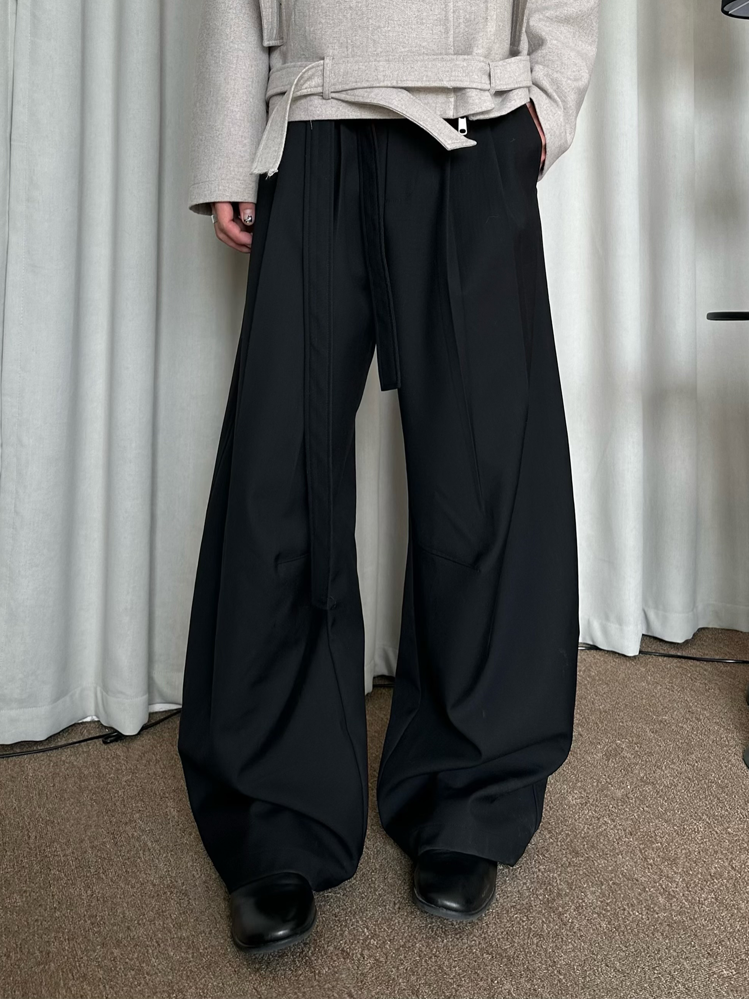 KREATE Belted Pleated Wide-Leg Trousers-Jacket-S (Preorder)-Free Shipping Leatheretro