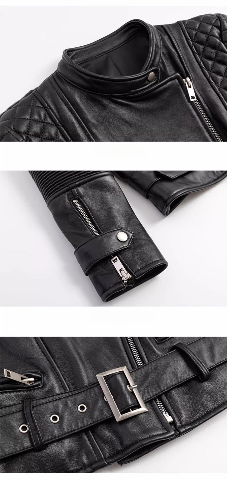 Women’s Slim-Fit Black Biker Jacket-Black without Velvet-S 40-45kg-Free Shipping Leatheretro