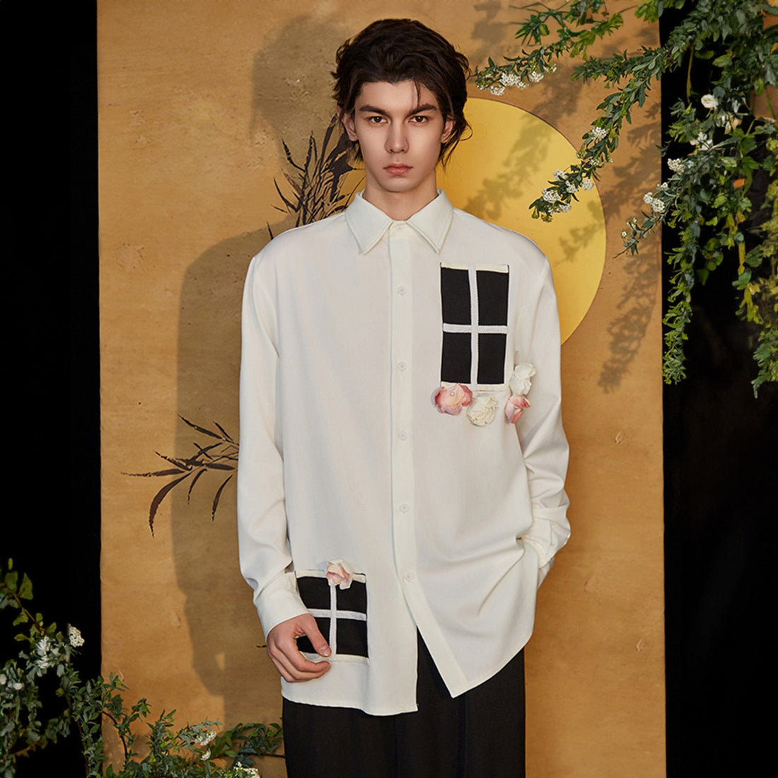 JIECHI Contrast Panel Floral Satin Shirt-Shirt-M-Free Shipping Leatheretro