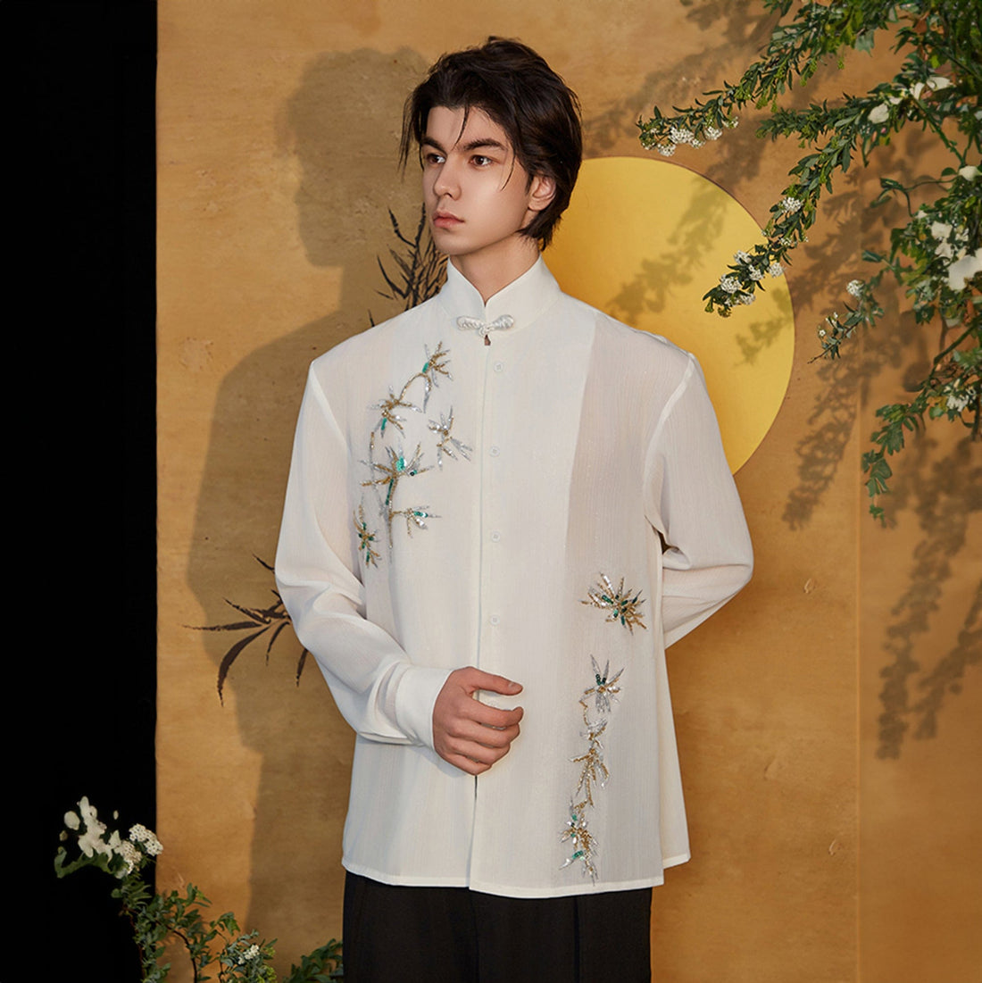 JIECHI Embroidered Bamboo Sheer Flowing Shirt-Shirt-M-Free Shipping Leatheretro