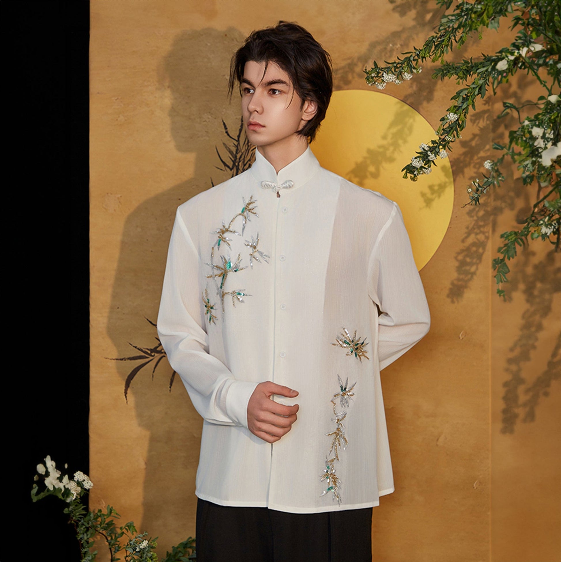 JIECHI Embroidered Bamboo Sheer Flowing Shirt-Shirt-M-Free Shipping Leatheretro