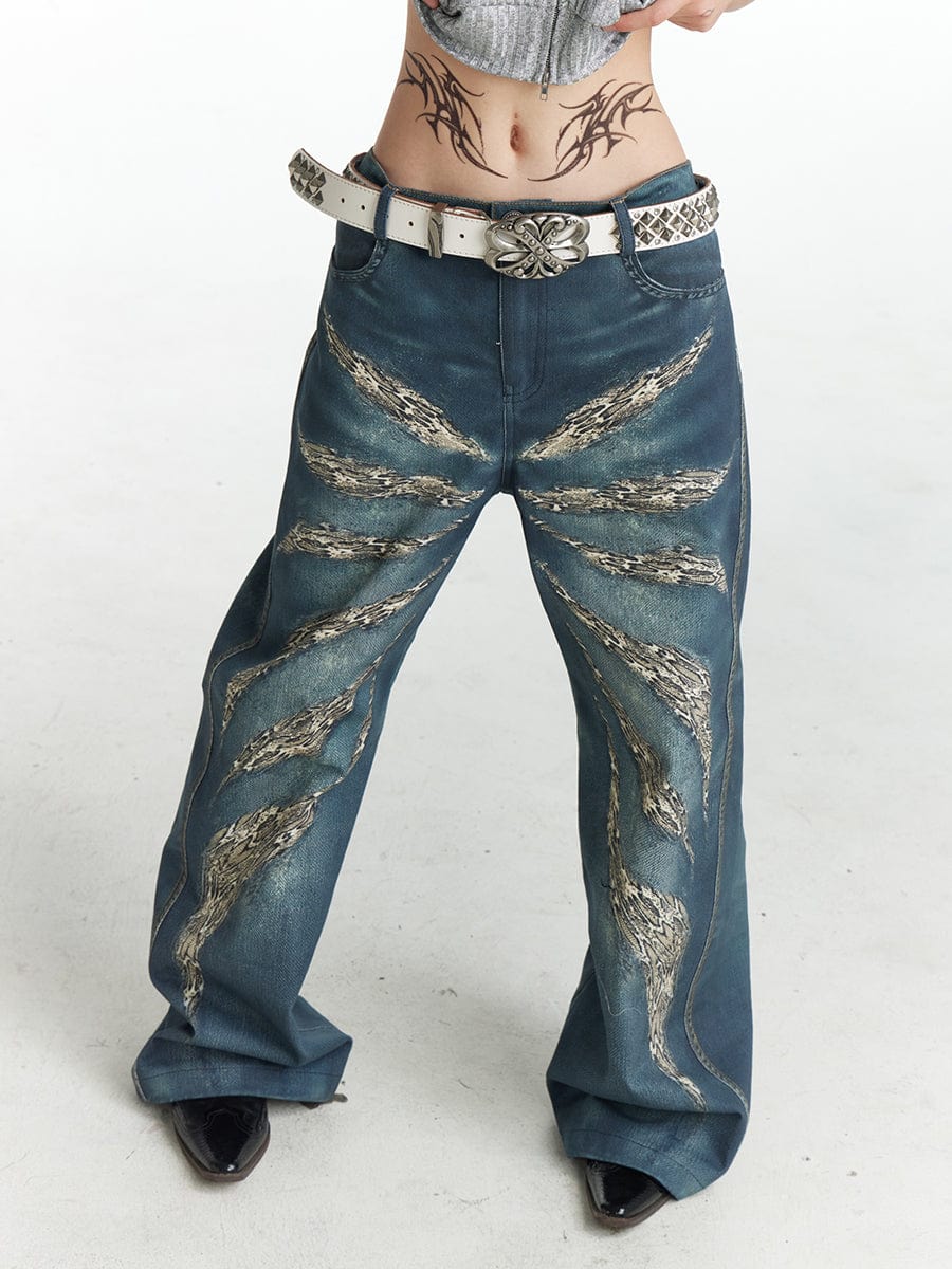 DND4DES×Faychui Leopard Wings Embroidered Wide-Leg Jeans-Jeans-S-Free Shipping Leatheretro