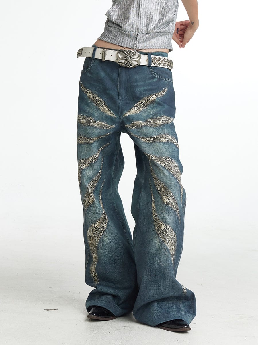 DND4DES×Faychui Leopard Wings Embroidered Wide-Leg Jeans-Jeans-S-Free Shipping Leatheretro