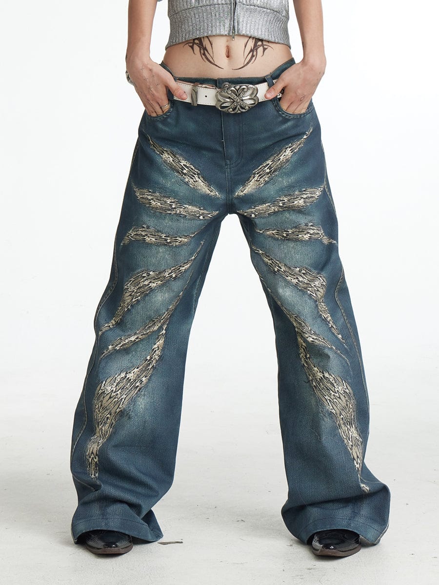 DND4DES×Faychui Leopard Wings Embroidered Wide-Leg Jeans-Jeans-S-Free Shipping Leatheretro