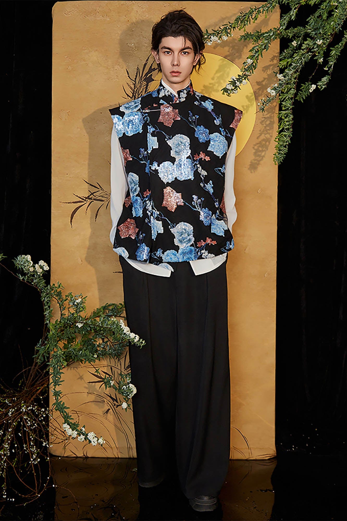 JIECHI Sequin Floral Embroidered Mandarin Collar Vest-Vest-M-Free Shipping Leatheretro