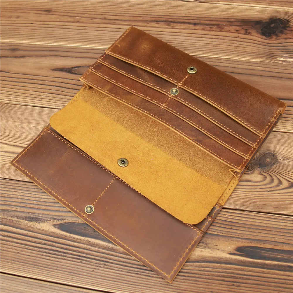 Men's Vintage Pull-Up Leather Long Wallet - Large Capacity Cowhide Clutch-Wallets & Money Clips-Reddish Brown-Free Shipping Leatheretro